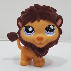 Littlest Pet Shop Authentic # 809 Tan Brown Fuzzy Flocked Lion Blue Eyes LPS